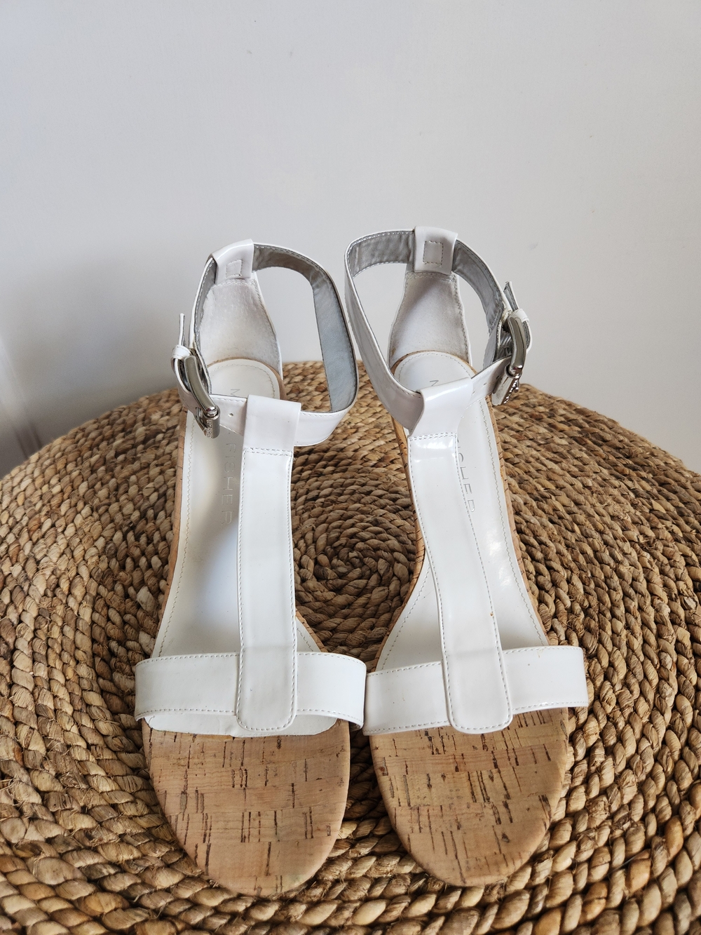 Marc Fisher White T-Strap Cork Footbed Sandals